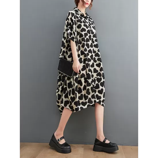 Heart Print Batwing Sleeves Irregular clipping Lapel Midi Dresses Heart Print Batwing Sleeves Irregular clipping Lapel Midi Dresses