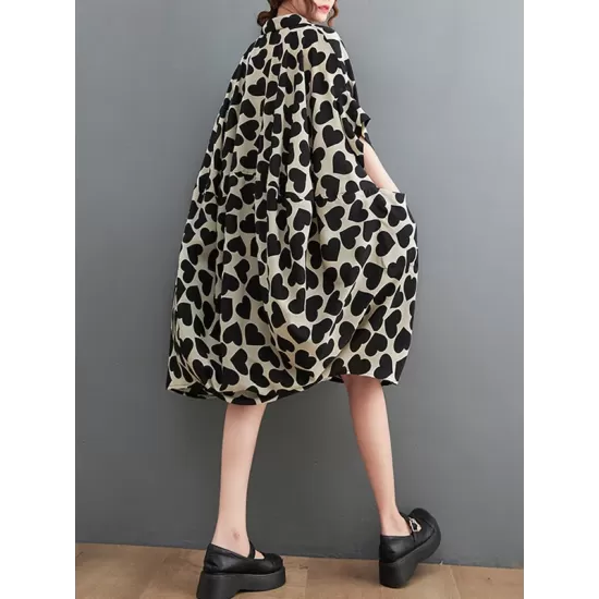 Heart Print Batwing Sleeves Irregular clipping Lapel Midi Dresses Heart Print Batwing Sleeves Irregular clipping Lapel Midi Dresses
