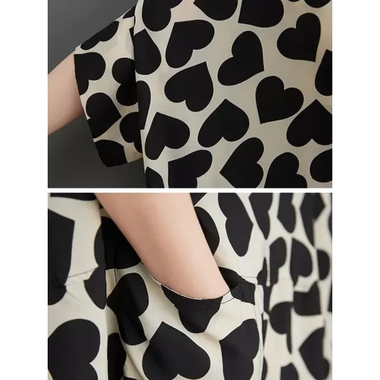 Heart Print Batwing Sleeves Irregular clipping Lapel Midi Dresses Heart Print Batwing Sleeves Irregular clipping Lapel Midi Dresses