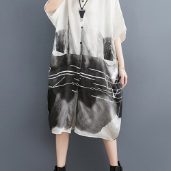 Pockets Printed Half Sleeves Loose Lapel Midi Dresses