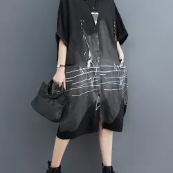 Pockets Printed Half Sleeves Loose Lapel Midi Dresses