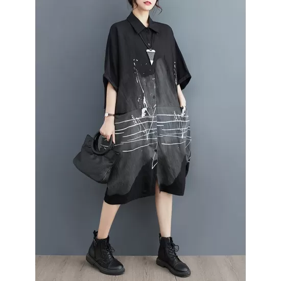 Pockets Printed Half Sleeves Loose Lapel Midi Dresses Pockets Printed Half Sleeves Loose Lapel Midi Dresses