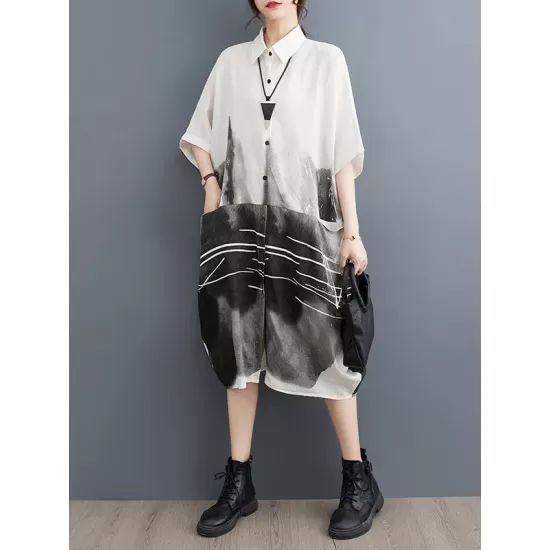 Pockets Printed Half Sleeves Loose Lapel Midi Dresses Pockets Printed Half Sleeves Loose Lapel Midi Dresses
