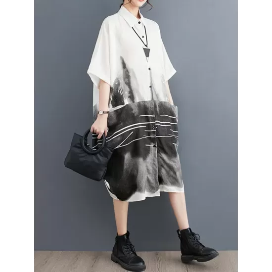 Pockets Printed Half Sleeves Loose Lapel Midi Dresses Pockets Printed Half Sleeves Loose Lapel Midi Dresses