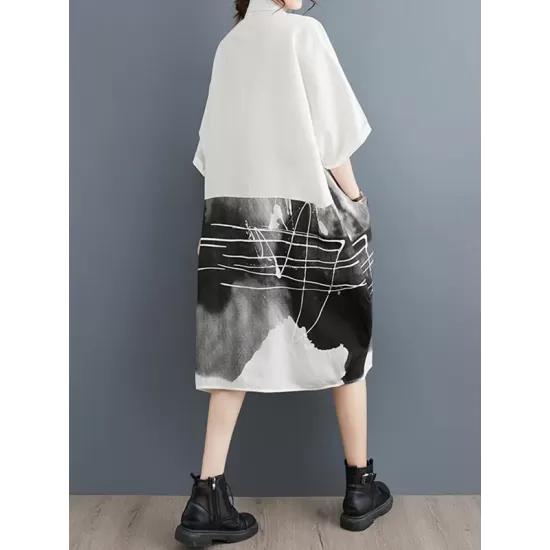 Pockets Printed Half Sleeves Loose Lapel Midi Dresses Pockets Printed Half Sleeves Loose Lapel Midi Dresses