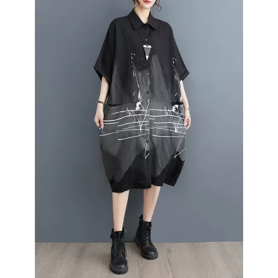 Pockets Printed Half Sleeves Loose Lapel Midi Dresses Pockets Printed Half Sleeves Loose Lapel Midi Dresses