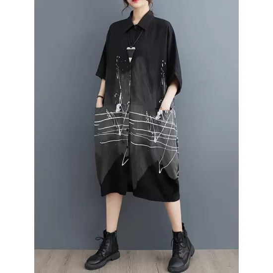 Pockets Printed Half Sleeves Loose Lapel Midi Dresses Pockets Printed Half Sleeves Loose Lapel Midi Dresses