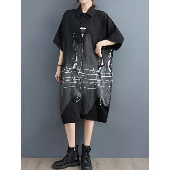 Pockets Printed Half Sleeves Loose Lapel Midi Dresses Pockets Printed Half Sleeves Loose Lapel Midi Dresses