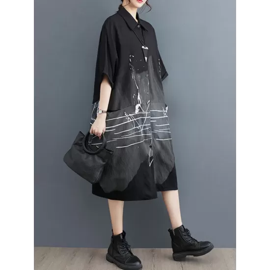 Pockets Printed Half Sleeves Loose Lapel Midi Dresses Pockets Printed Half Sleeves Loose Lapel Midi Dresses