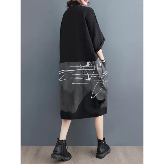 Pockets Printed Half Sleeves Loose Lapel Midi Dresses Pockets Printed Half Sleeves Loose Lapel Midi Dresses