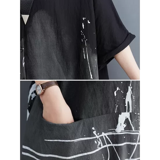 Pockets Printed Half Sleeves Loose Lapel Midi Dresses Pockets Printed Half Sleeves Loose Lapel Midi Dresses