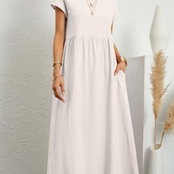 Pleated Solid Color Loose Short Sleeves Round-Neck Midi Dresses