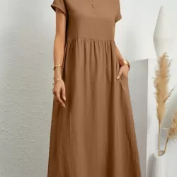 Pleated Solid Color Loose Short Sleeves Round-Neck Midi Dresses