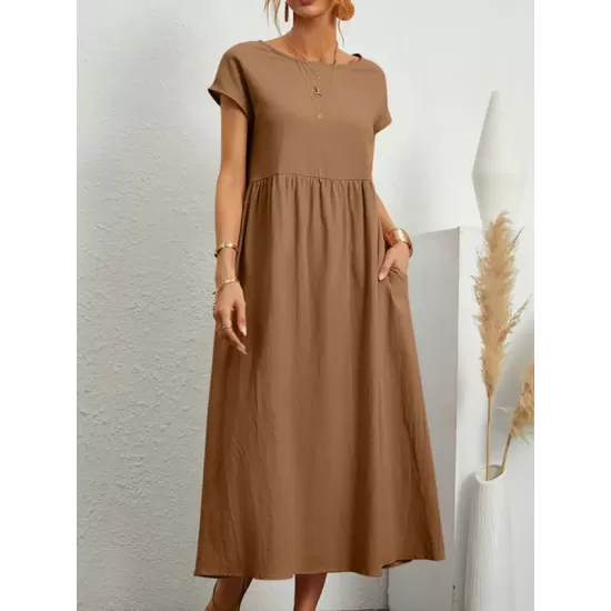 Pleated Solid Color Loose Short Sleeves Round-Neck Midi Dresses Pleated Solid Color Loose Short Sleeves Round-Neck Midi Dresses