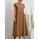 Pleated Solid Color Loose Short Sleeves Round-Neck Midi Dresses Pleated Solid Color Loose Short Sleeves Round-Neck Midi Dresses