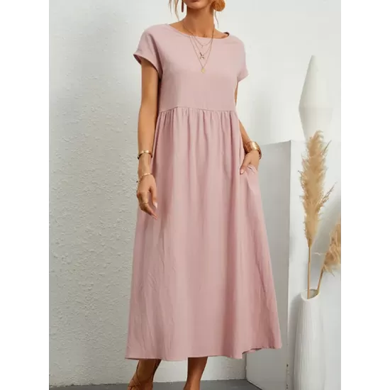 Pleated Solid Color Loose Short Sleeves Round-Neck Midi Dresses Pleated Solid Color Loose Short Sleeves Round-Neck Midi Dresses
