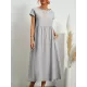 Pleated Solid Color Loose Short Sleeves Round-Neck Midi Dresses Pleated Solid Color Loose Short Sleeves Round-Neck Midi Dresses