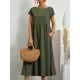 Pleated Solid Color Loose Short Sleeves Round-Neck Midi Dresses Pleated Solid Color Loose Short Sleeves Round-Neck Midi Dresses
