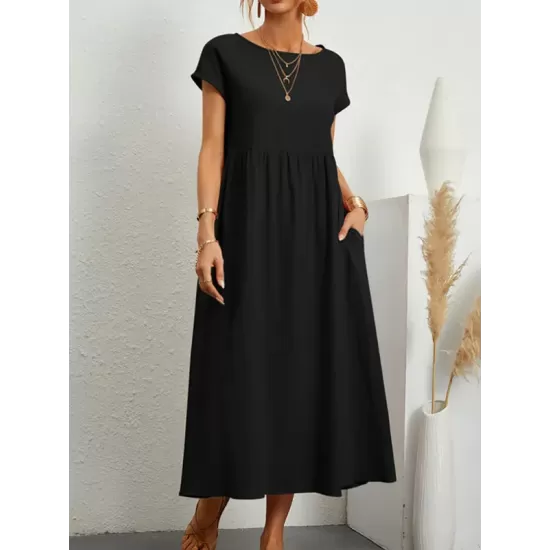 Pleated Solid Color Loose Short Sleeves Round-Neck Midi Dresses Pleated Solid Color Loose Short Sleeves Round-Neck Midi Dresses