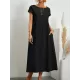 Pleated Solid Color Loose Short Sleeves Round-Neck Midi Dresses Pleated Solid Color Loose Short Sleeves Round-Neck Midi Dresses