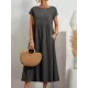 Pleated Solid Color Loose Short Sleeves Round-Neck Midi Dresses Pleated Solid Color Loose Short Sleeves Round-Neck Midi Dresses
