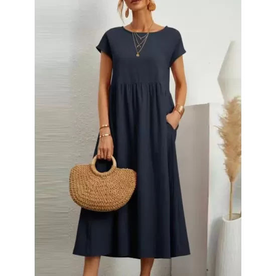 Pleated Solid Color Loose Short Sleeves Round-Neck Midi Dresses Pleated Solid Color Loose Short Sleeves Round-Neck Midi Dresses