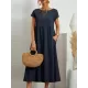 Pleated Solid Color Loose Short Sleeves Round-Neck Midi Dresses Pleated Solid Color Loose Short Sleeves Round-Neck Midi Dresses