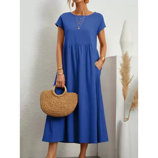 Pleated Solid Color Loose Short Sleeves Round-Neck Midi Dresses Pleated Solid Color Loose Short Sleeves Round-Neck Midi Dresses