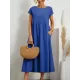 Pleated Solid Color Loose Short Sleeves Round-Neck Midi Dresses Pleated Solid Color Loose Short Sleeves Round-Neck Midi Dresses