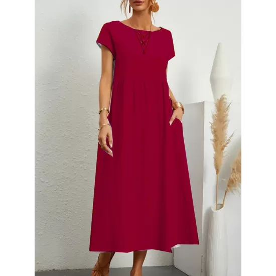 Pleated Solid Color Loose Short Sleeves Round-Neck Midi Dresses Pleated Solid Color Loose Short Sleeves Round-Neck Midi Dresses