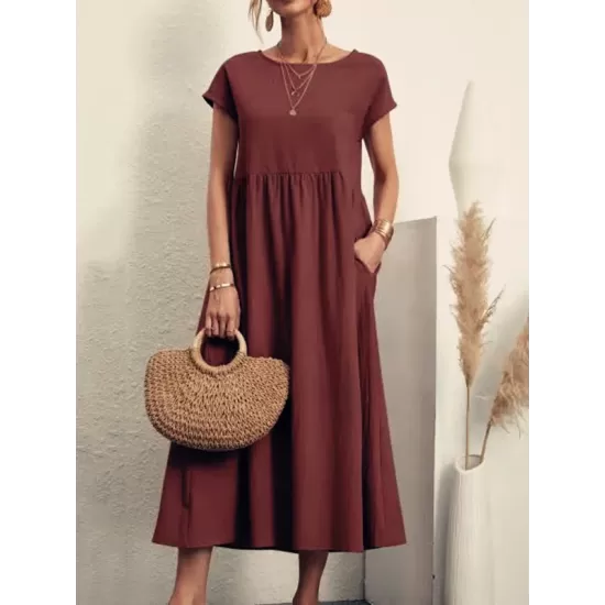 Pleated Solid Color Loose Short Sleeves Round-Neck Midi Dresses Pleated Solid Color Loose Short Sleeves Round-Neck Midi Dresses
