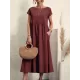 Pleated Solid Color Loose Short Sleeves Round-Neck Midi Dresses Pleated Solid Color Loose Short Sleeves Round-Neck Midi Dresses
