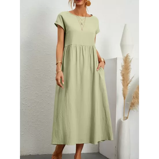 Pleated Solid Color Loose Short Sleeves Round-Neck Midi Dresses Pleated Solid Color Loose Short Sleeves Round-Neck Midi Dresses