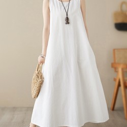 Solid Color Loose Sleeveless Round-Neck Midi Dresses