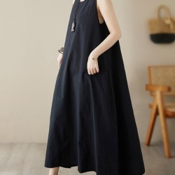 Solid Color Loose Sleeveless Round-Neck Midi Dresses
