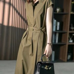 Bandage Solid Color Plus Size Short Sleeves Lapel Midi Dresses