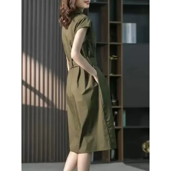 Bandage Solid Color Plus Size Short Sleeves Lapel Midi Dresses Bandage Solid Color Plus Size Short Sleeves Lapel Midi Dresses