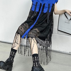 Sleeveless See-Through Split-Joint Tasseled Lapel Lace Midi Dresses