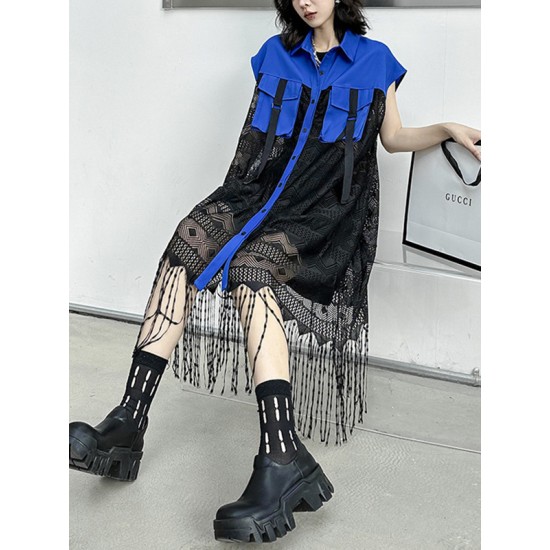 Sleeveless See-Through Split-Joint Tasseled Lapel Lace Midi Dresses Sleeveless See-Through Split-Joint Tasseled Lapel Lace Midi Dresses
