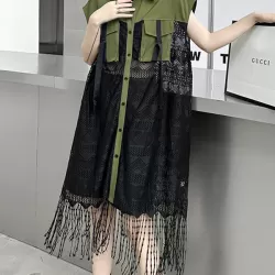 Sleeveless See-Through Split-Joint Tasseled Lapel Lace Midi Dresses