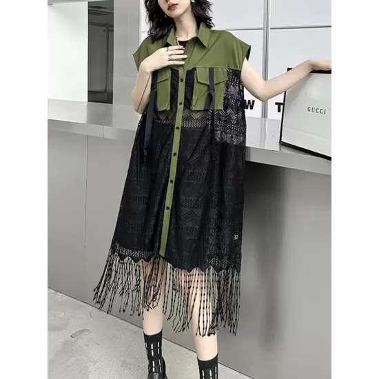 Sleeveless See-Through Split-Joint Tasseled Lapel Lace Midi Dresses Sleeveless See-Through Split-Joint Tasseled Lapel Lace Midi Dresses