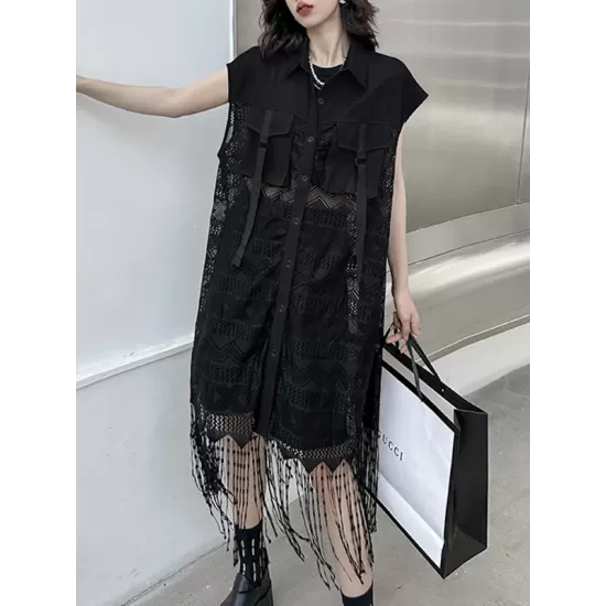 Sleeveless See-Through Split-Joint Tasseled Lapel Lace Midi Dresses Sleeveless See-Through Split-Joint Tasseled Lapel Lace Midi Dresses
