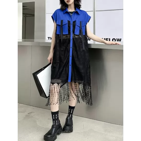Sleeveless See-Through Split-Joint Tasseled Lapel Lace Midi Dresses Sleeveless See-Through Split-Joint Tasseled Lapel Lace Midi Dresses