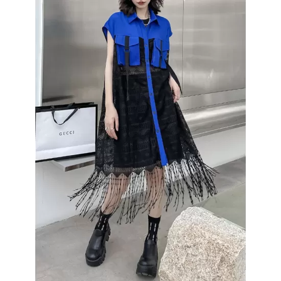 Sleeveless See-Through Split-Joint Tasseled Lapel Lace Midi Dresses Sleeveless See-Through Split-Joint Tasseled Lapel Lace Midi Dresses