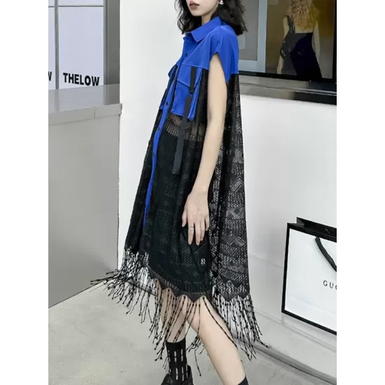 Sleeveless See-Through Split-Joint Tasseled Lapel Lace Midi Dresses Sleeveless See-Through Split-Joint Tasseled Lapel Lace Midi Dresses