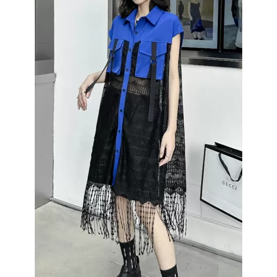 Sleeveless See-Through Split-Joint Tasseled Lapel Lace Midi Dresses Sleeveless See-Through Split-Joint Tasseled Lapel Lace Midi Dresses