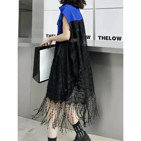 Sleeveless See-Through Split-Joint Tasseled Lapel Lace Midi Dresses Sleeveless See-Through Split-Joint Tasseled Lapel Lace Midi Dresses