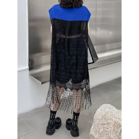 Sleeveless See-Through Split-Joint Tasseled Lapel Lace Midi Dresses Sleeveless See-Through Split-Joint Tasseled Lapel Lace Midi Dresses