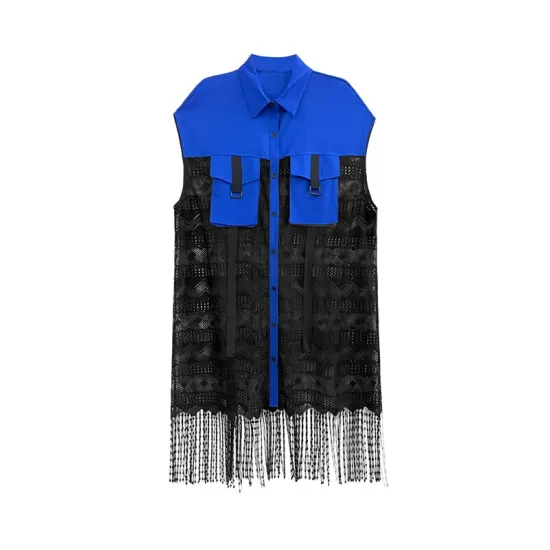 Sleeveless See-Through Split-Joint Tasseled Lapel Lace Midi Dresses Sleeveless See-Through Split-Joint Tasseled Lapel Lace Midi Dresses