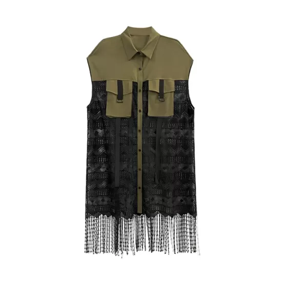 Sleeveless See-Through Split-Joint Tasseled Lapel Lace Midi Dresses Sleeveless See-Through Split-Joint Tasseled Lapel Lace Midi Dresses